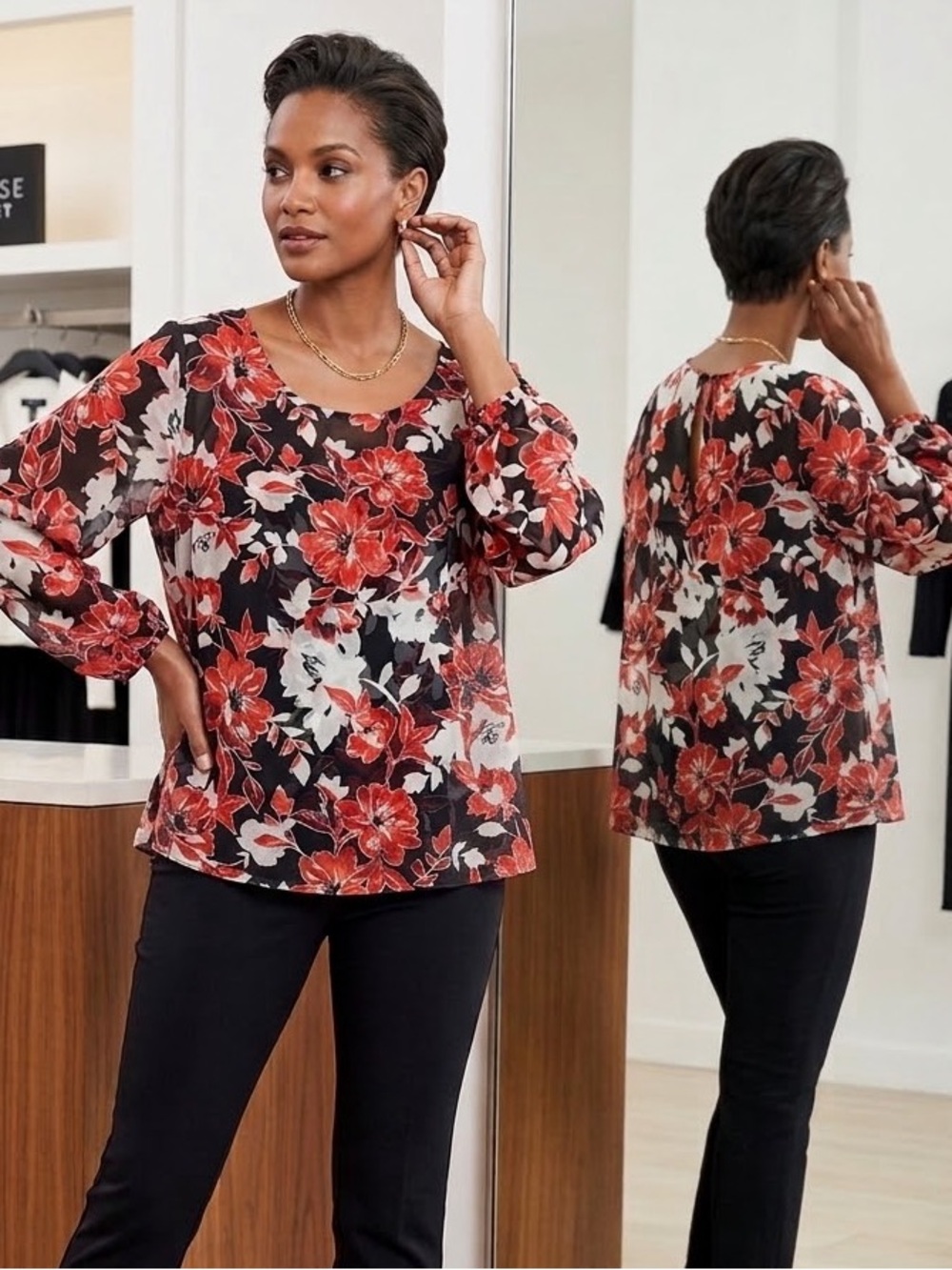 White House Black Market Black and Red Floral Long-Sleeve Blouse